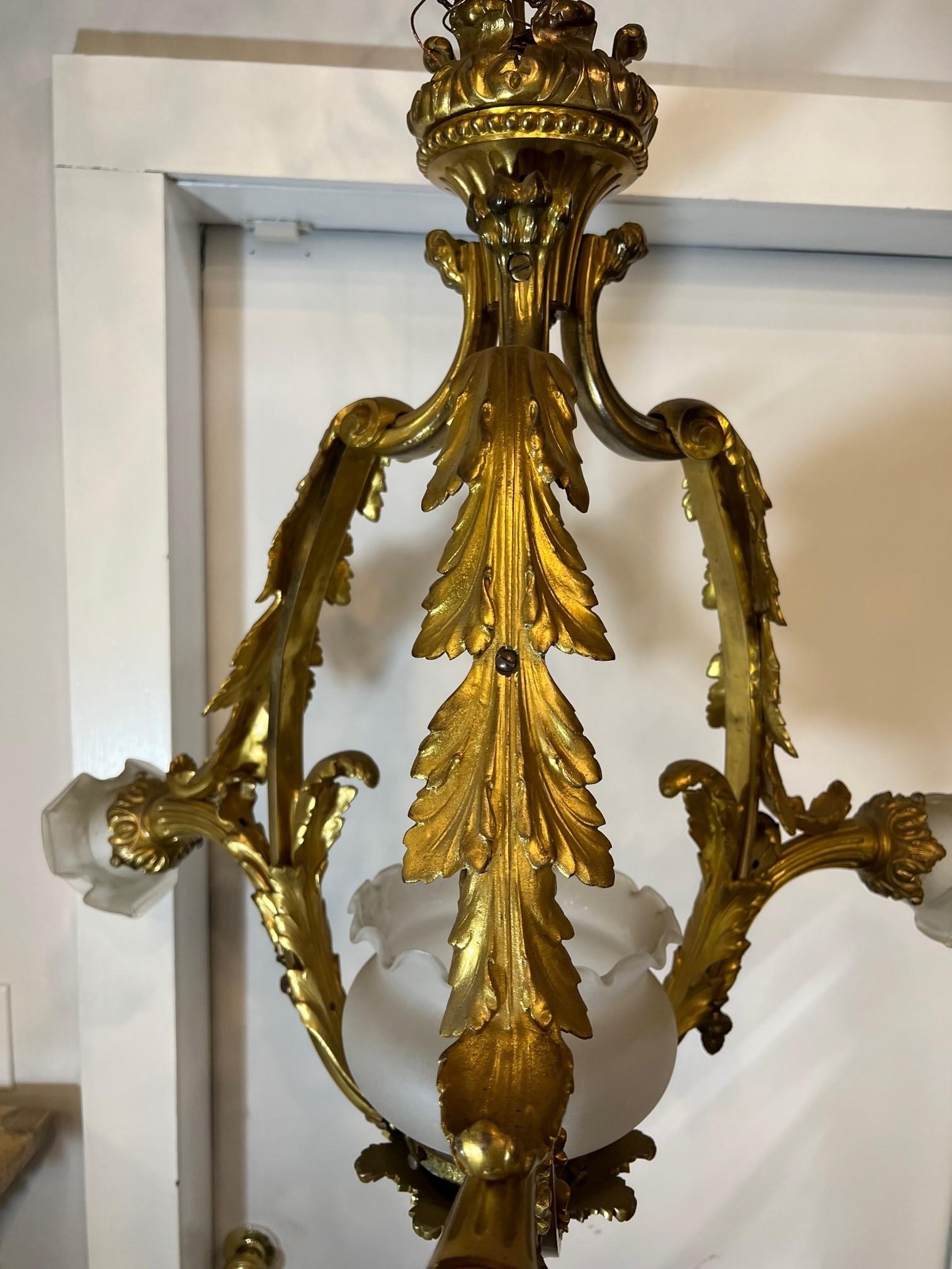 Early 20th Century Antique Bronze Three Arm Chandelier from Paris France For Sale 7