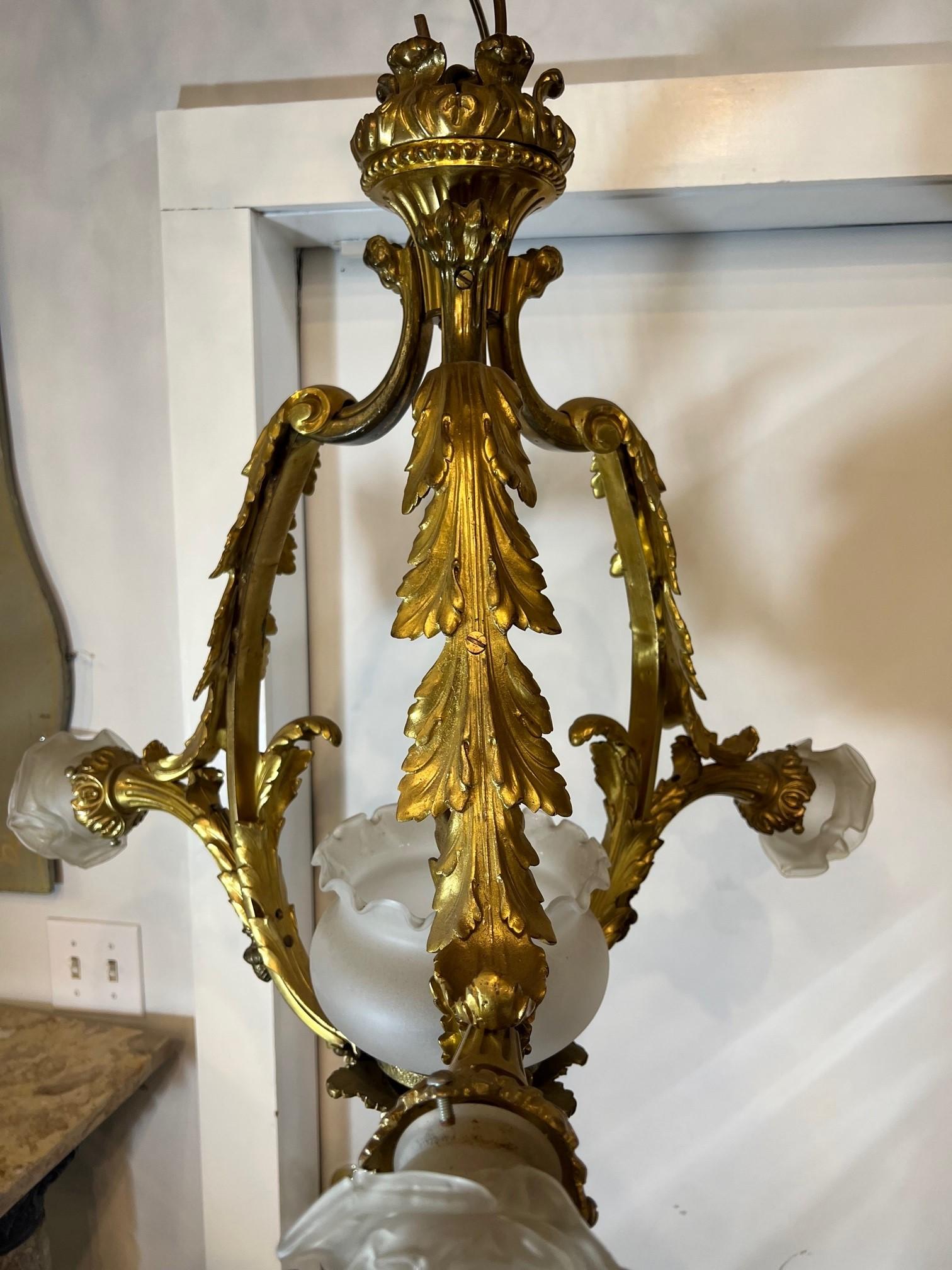 Early 20th Century Antique Bronze Three Arm Chandelier from Paris France For Sale 8
