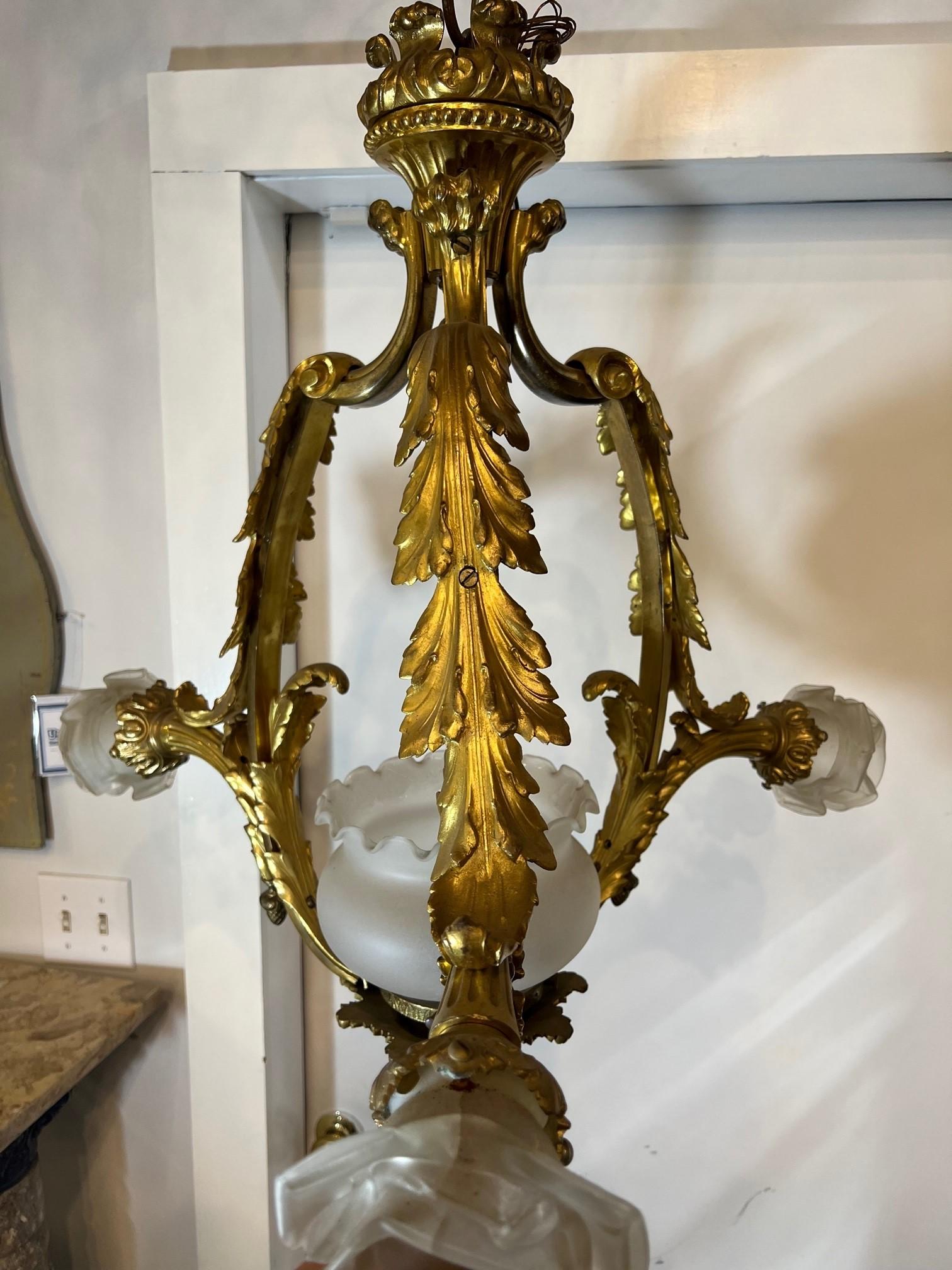 Early 20th Century Antique Bronze Three Arm Chandelier from Paris France For Sale 9