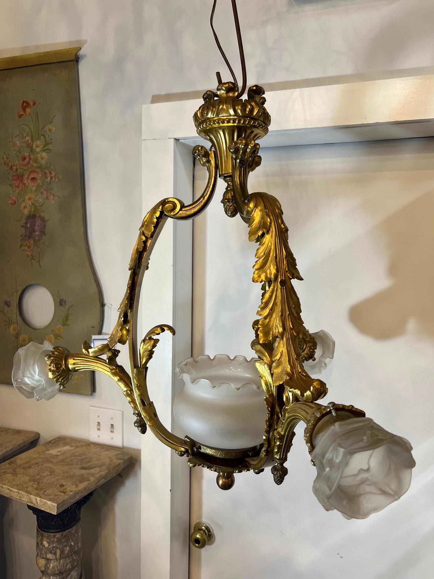 Early 20th Century Antique Bronze Three Arm Chandelier from Paris France For Sale 11