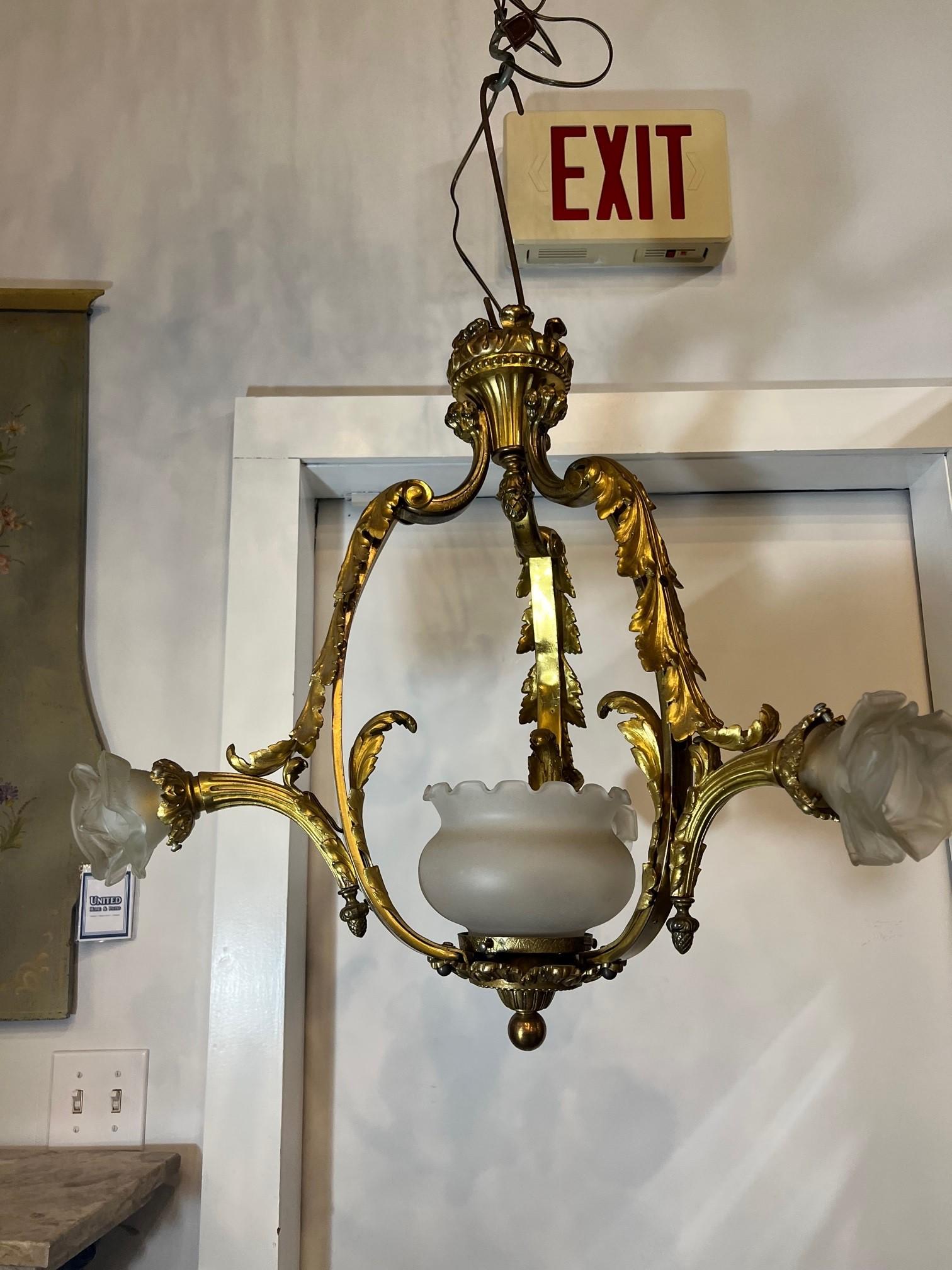 Early 20th Century Antique Bronze Three Arm Chandelier from Paris France For Sale 12