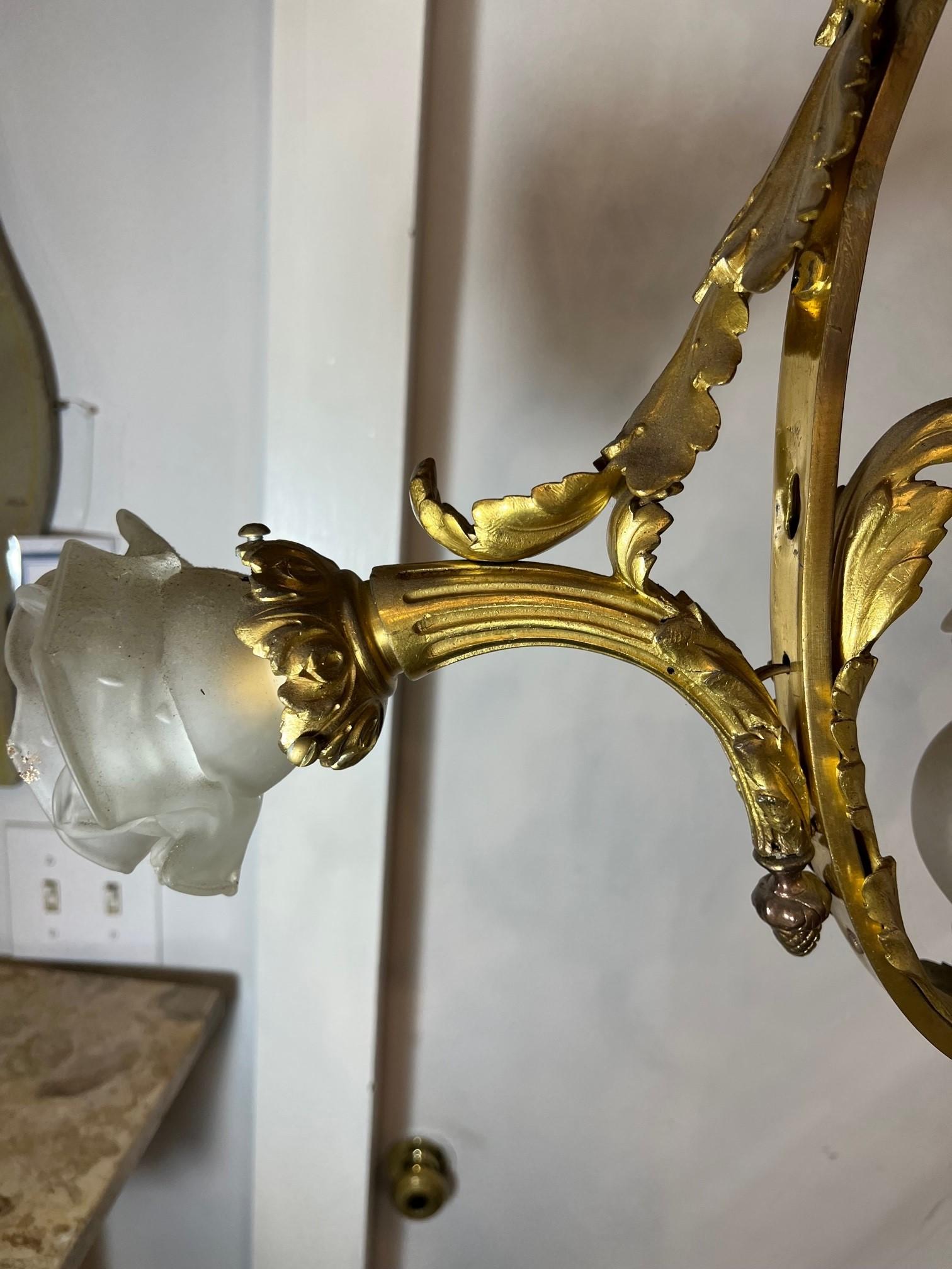 Early 20th Century Antique Bronze Three Arm Chandelier from Paris France For Sale 2