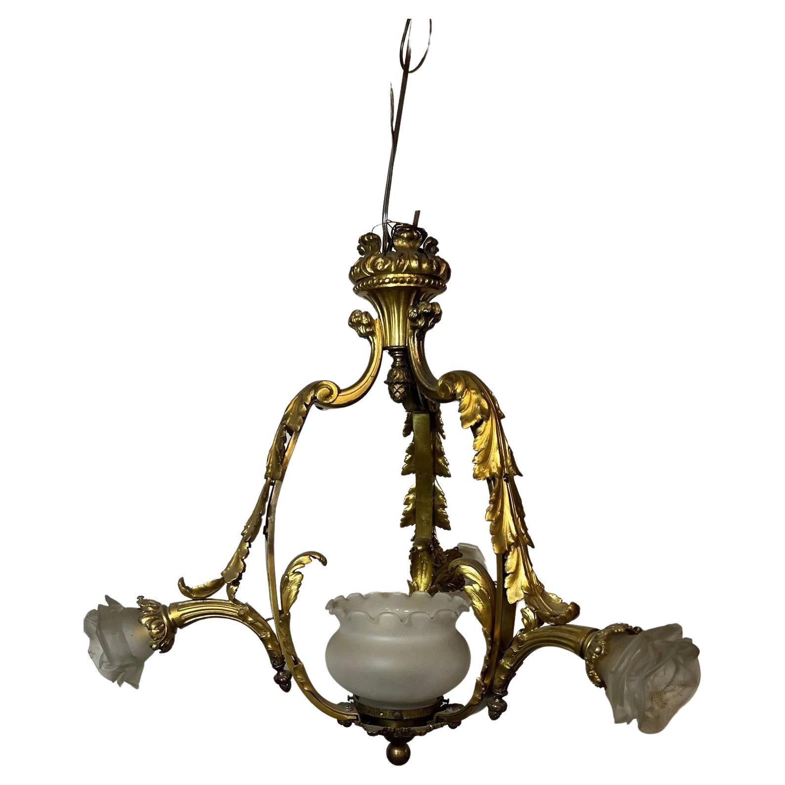 Early 20th Century Antique Bronze Three Arm Chandelier from Paris France For Sale