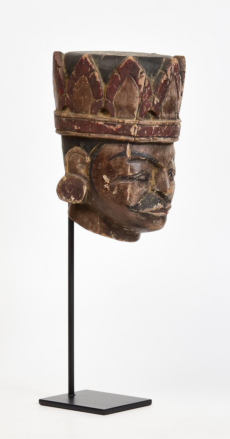 Early 20th Century, Antique Burmese Wooden Puppet Head with Stand For Sale 6
