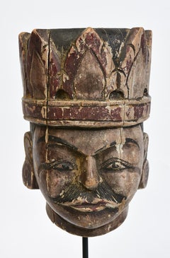 Early 20th Century, Antique Burmese Wooden Puppet Head with Stand