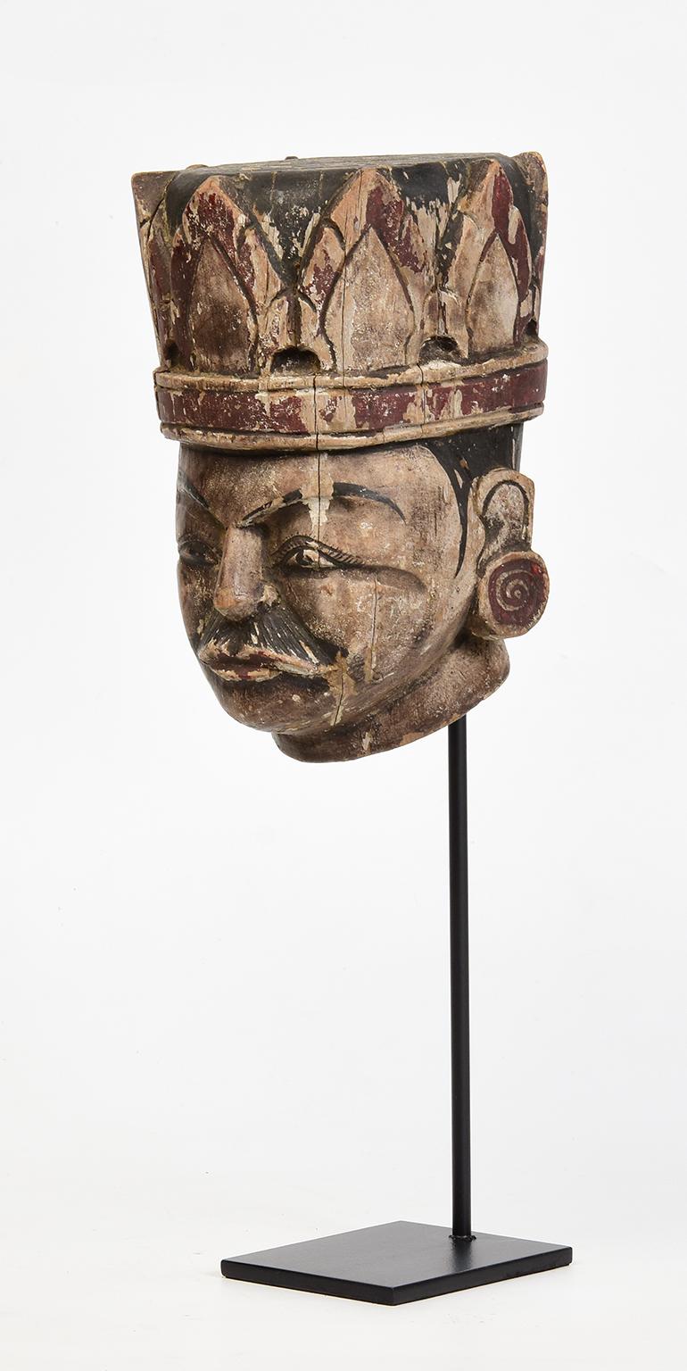 Early 20th Century, Antique Burmese Wooden Puppet Head with Stand In Good Condition For Sale In Sampantawong, TH