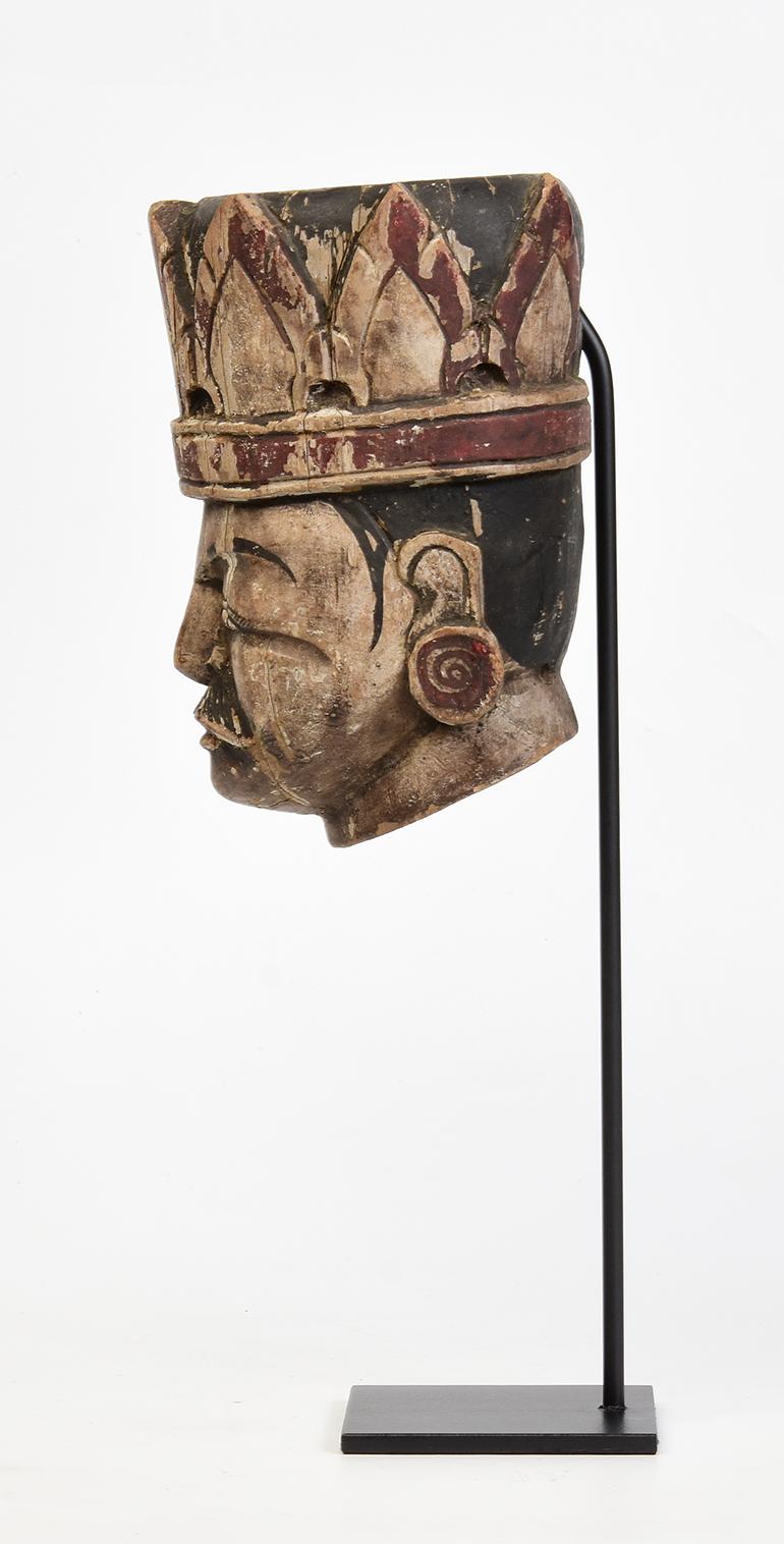 Early 20th Century, Antique Burmese Wooden Puppet Head with Stand For Sale 1