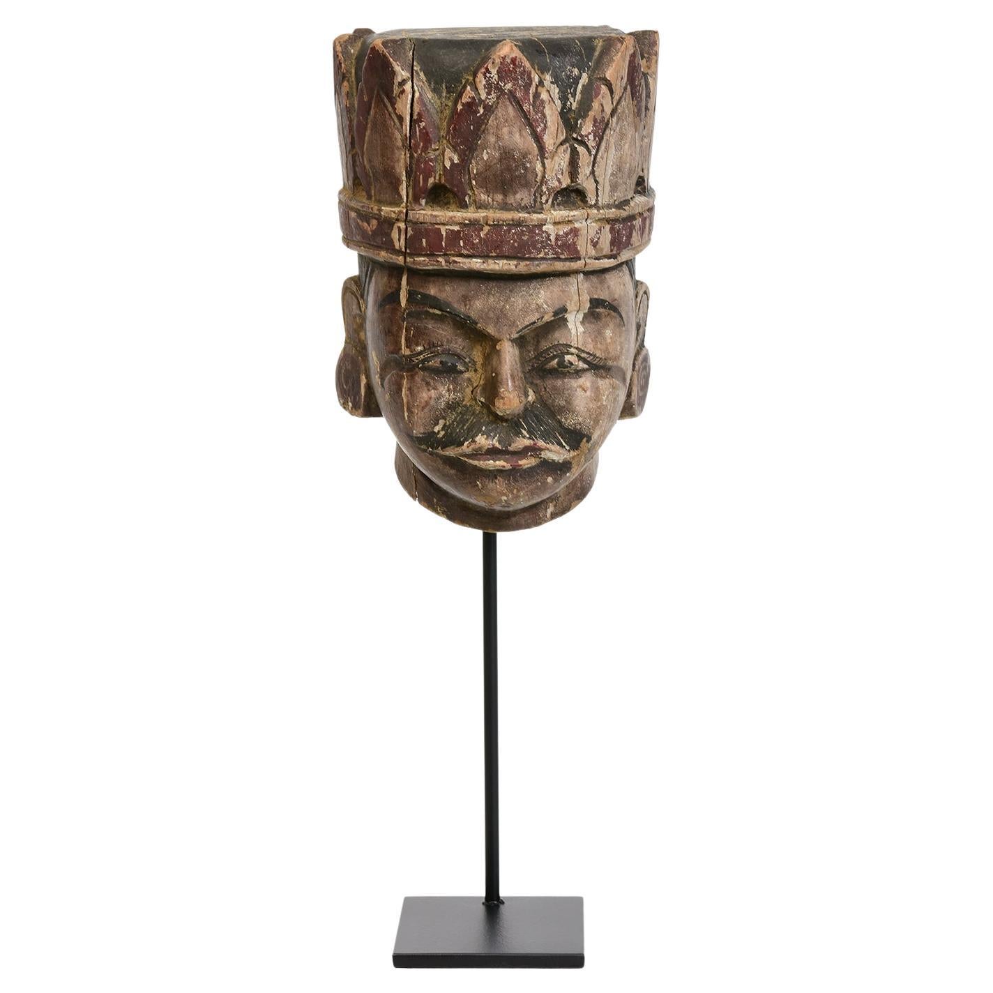 Early 20th Century, Antique Burmese Wooden Puppet Head with Stand