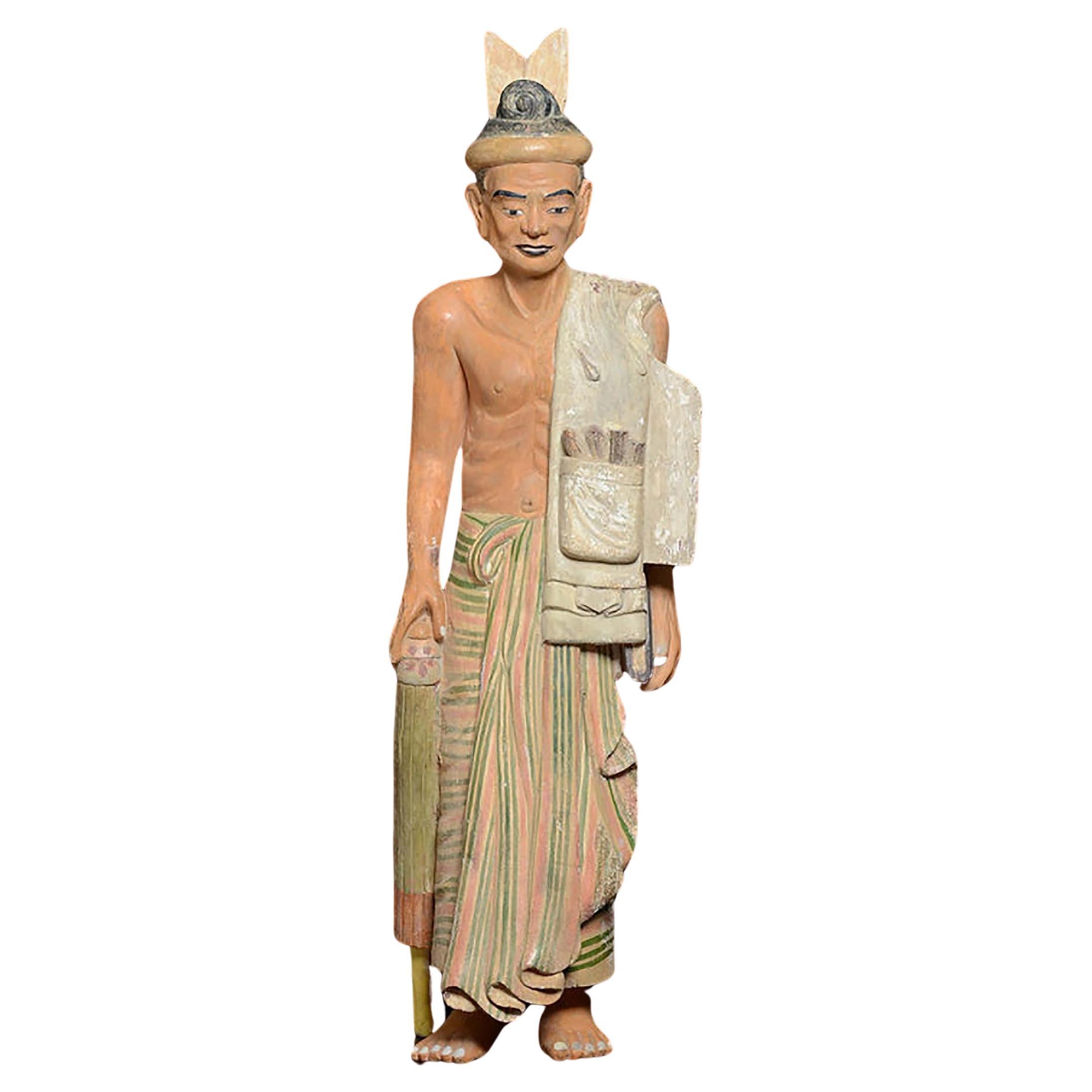 Early 20th Century, Antique Burmese Wooden Standing Old Man For Sale