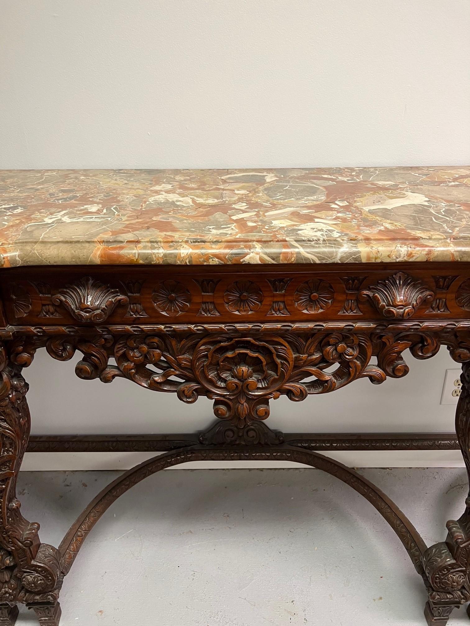Early 20th Century Antique Carved Wood Marble Top Server / Buffet In Good Condition For Sale In Stamford, CT