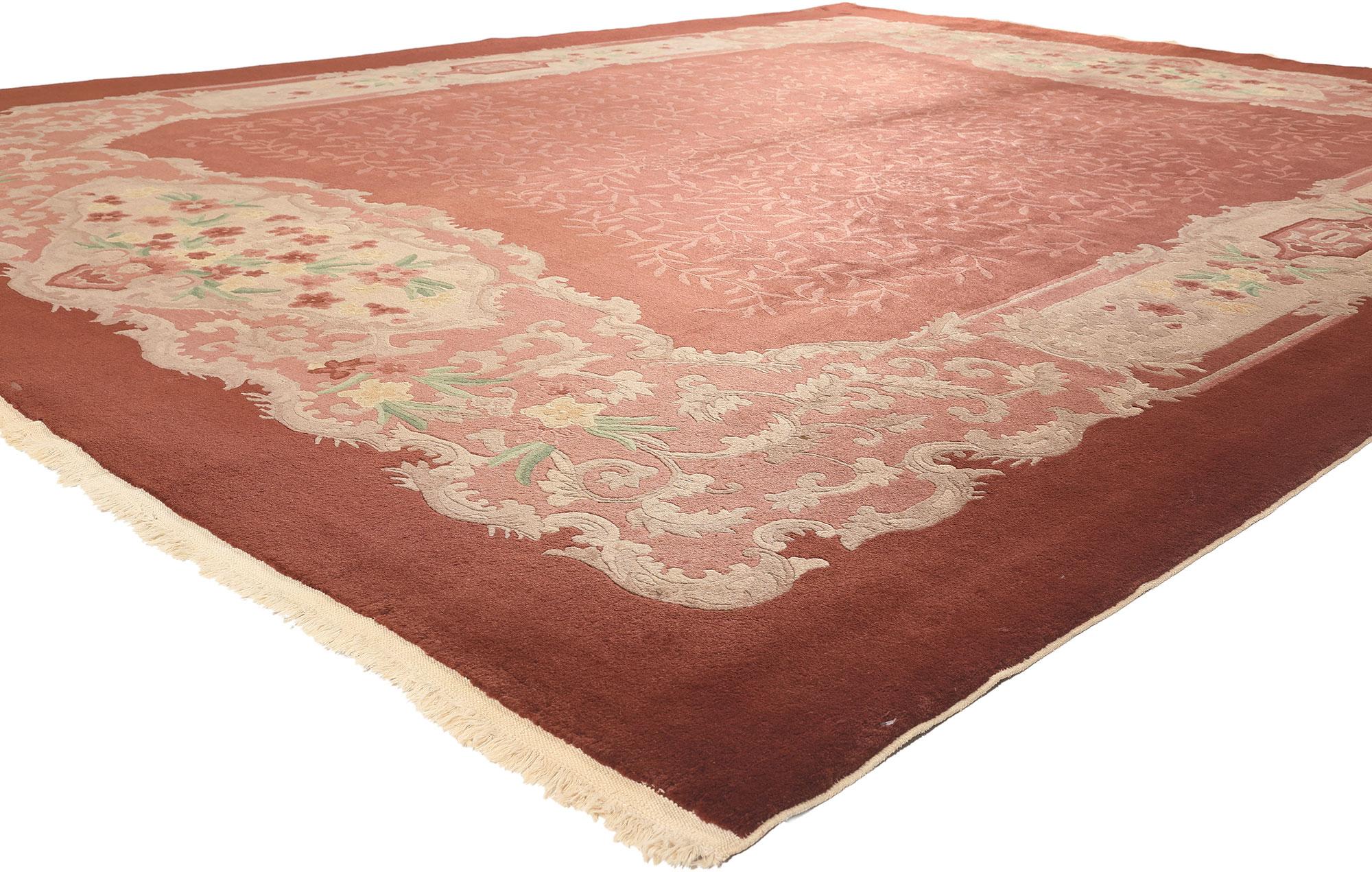 70603 Antique Chinese Art Deco Rug, 09'01 x 11'09.
French European meets Chinoiserie chic in this hand knotted wool antique Chinese Art Deco rug. The intrinsic botanical design and rustic earthy hues woven into this piece work together cultivating