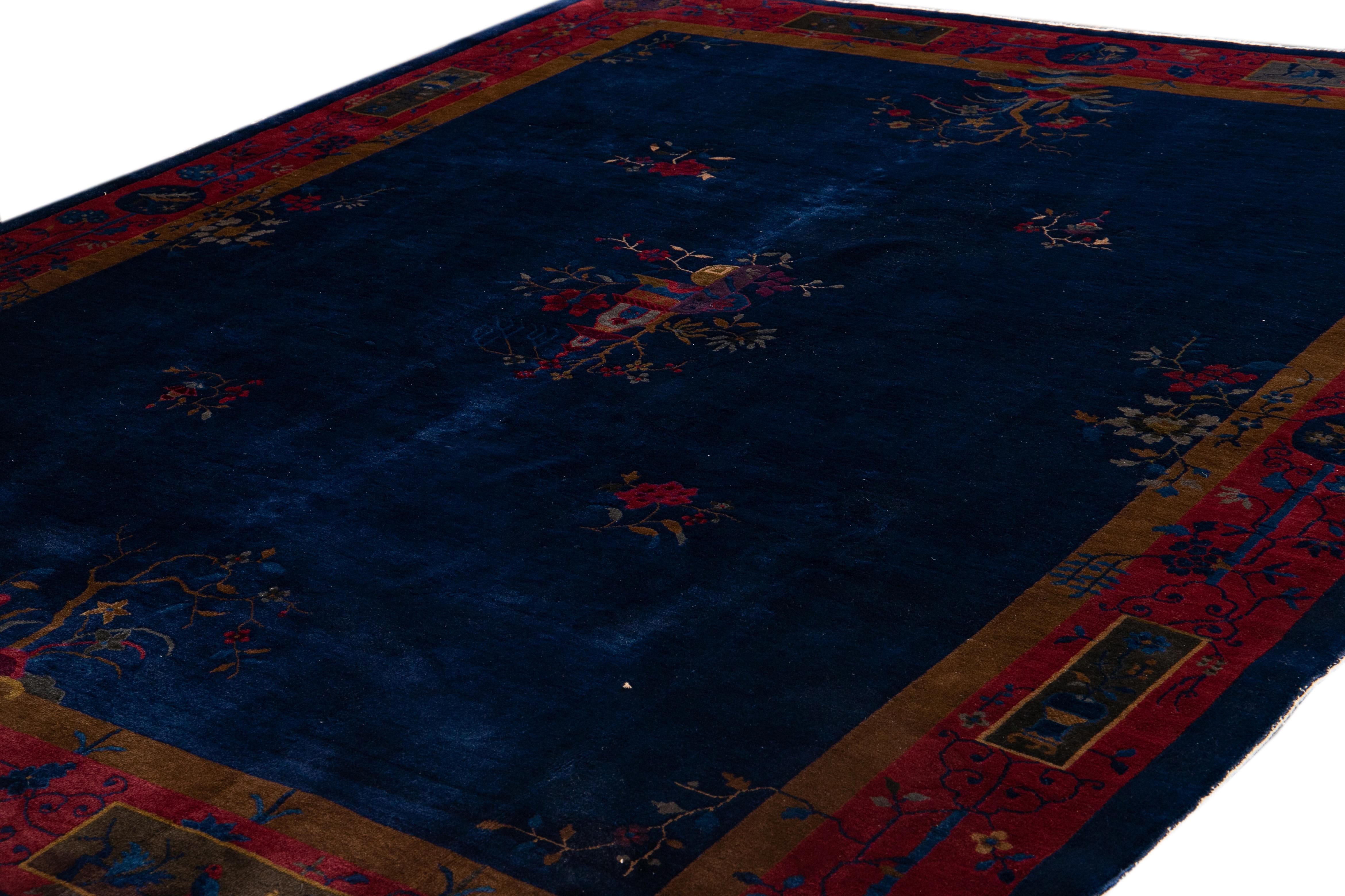 Hand-Knotted Antique Blue Chinese Art Deco Wool Rug 9 Ft X 11 Ft 3 In For Sale