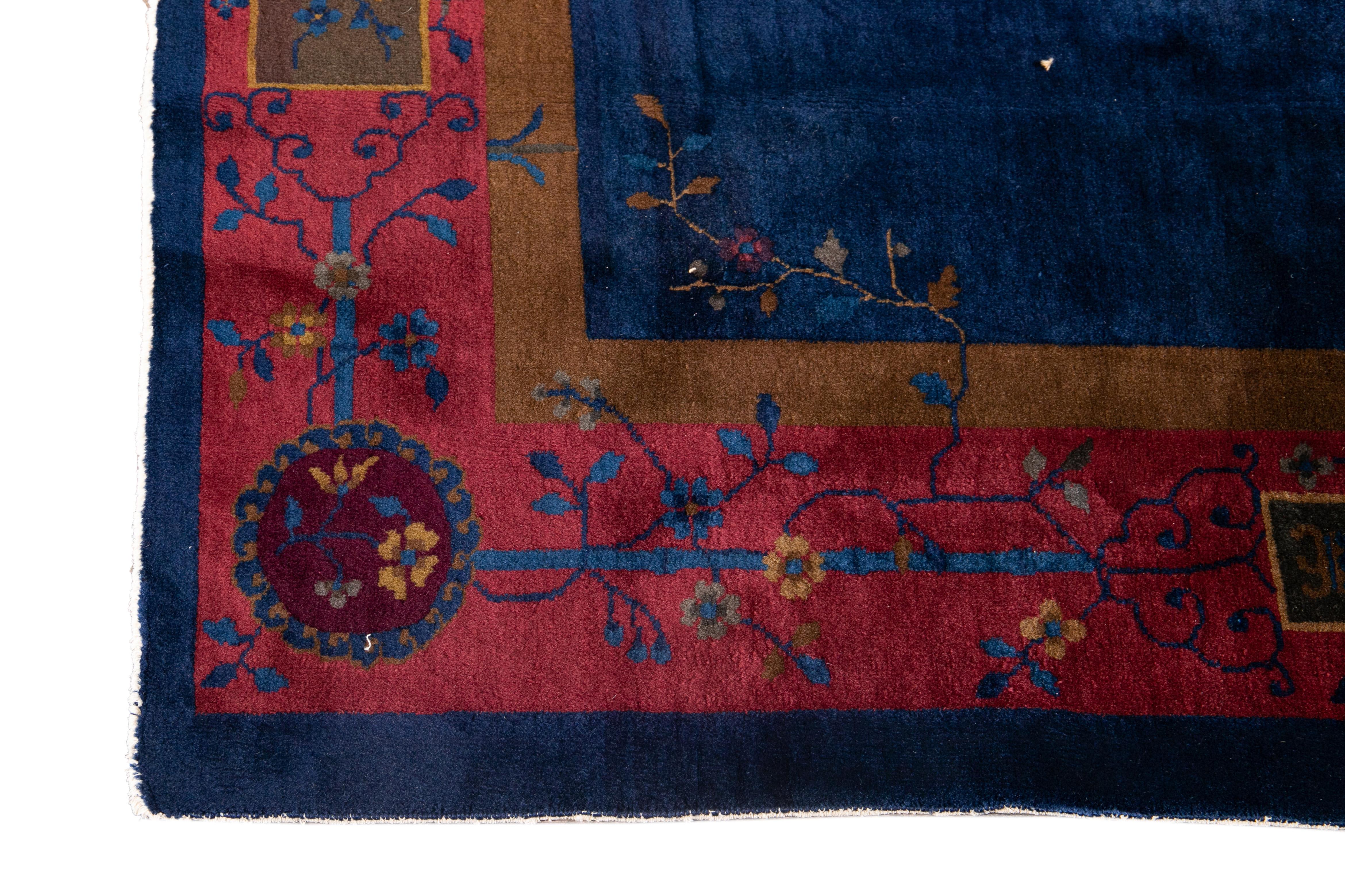 Chinois Ancien tapis chinois Art Déco en laine bleu 9 pieds x 11 pieds 3 po. en vente
