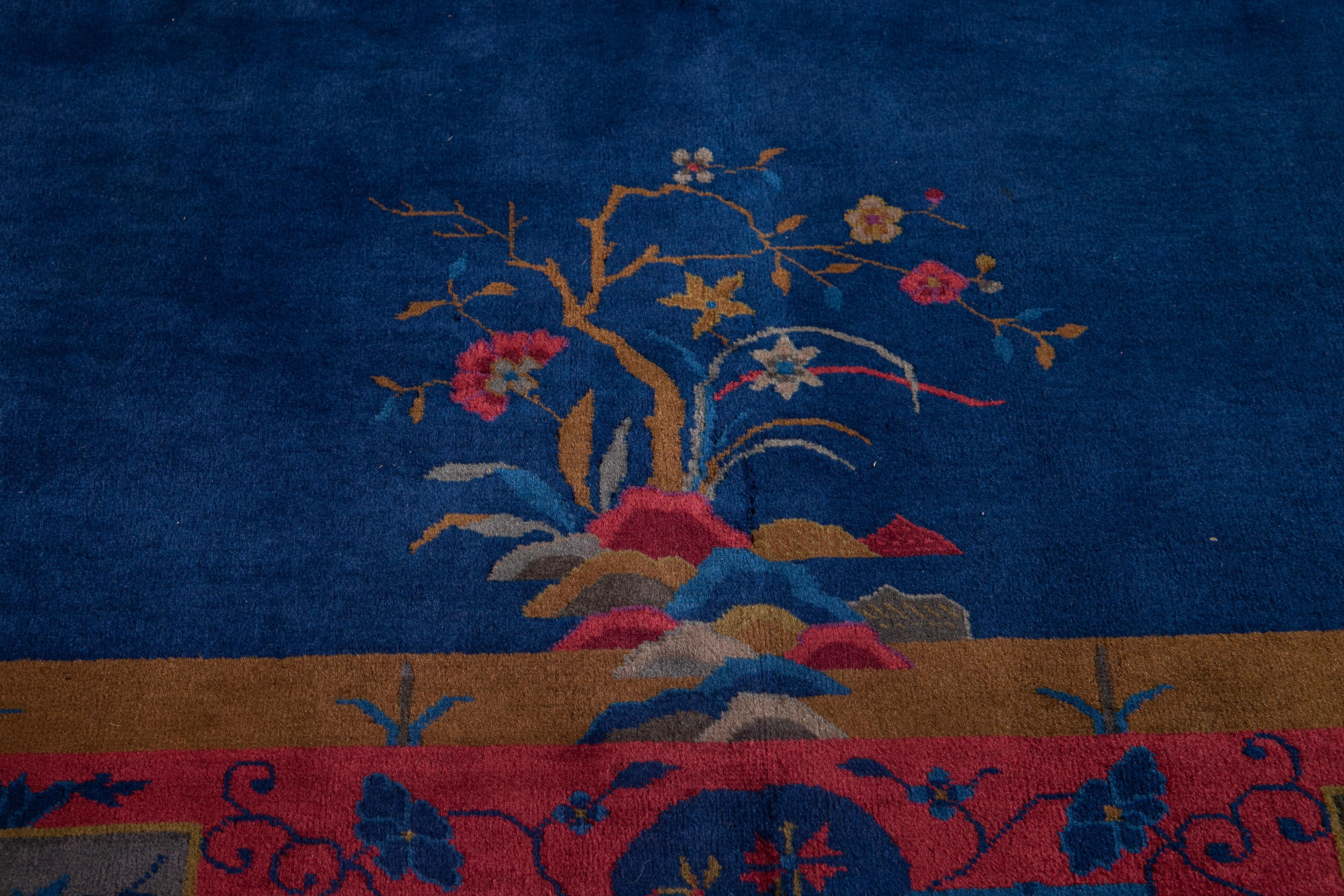 Ancien tapis chinois Art Déco en laine bleu 9 pieds x 11 pieds 3 po. en vente 1