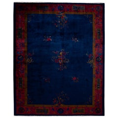 Ancien tapis chinois Art Déco en laine bleu 9 pieds x 11 pieds 3 po.