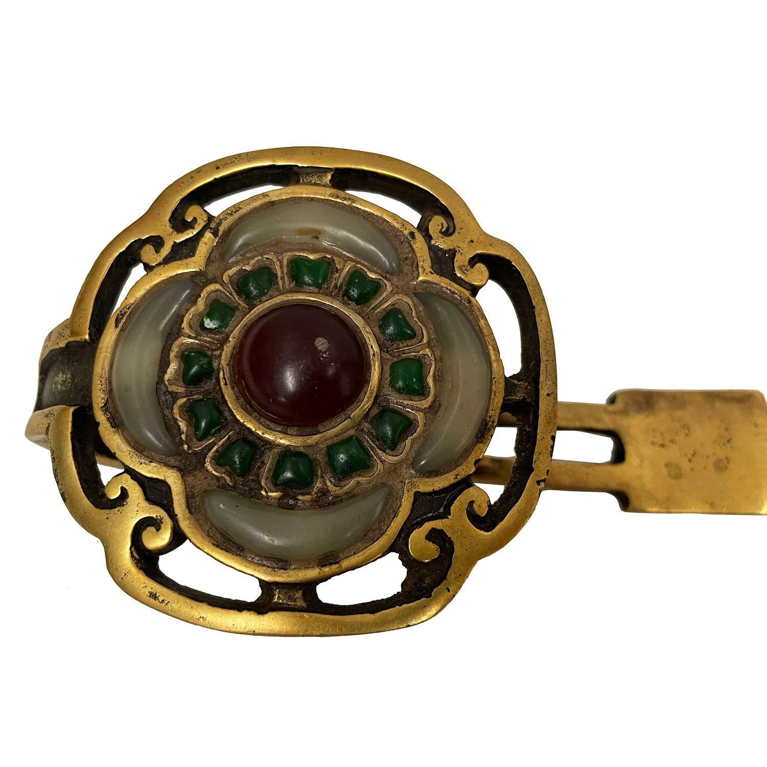 Chinese Export Early 20th Century Antique Chinese Bronze Ruyi With Jade Inlay For Sale