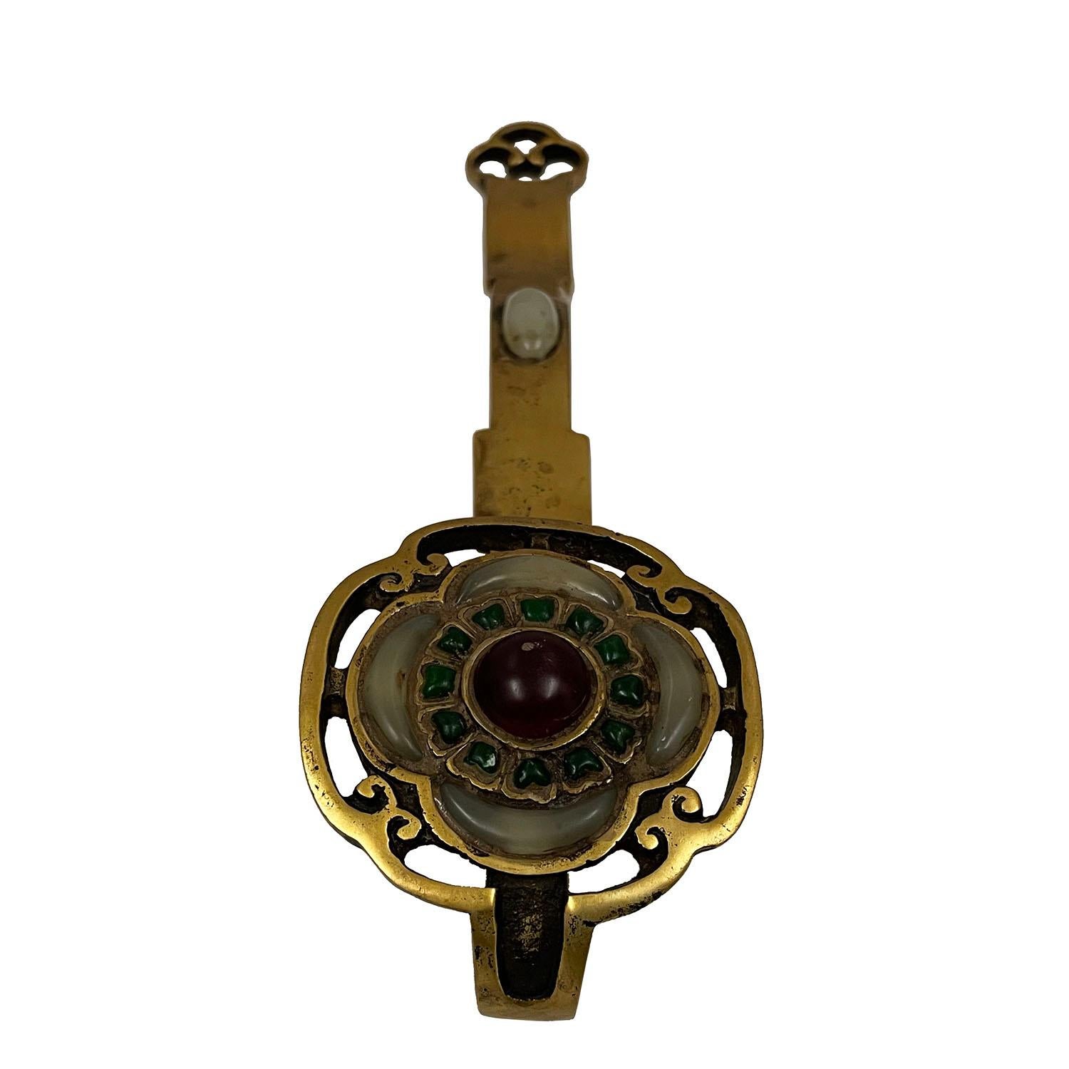 Early 20th Century Antique Chinese Bronze Ruyi With Jade Inlay For Sale 2