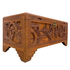 Early 20th Century Antique Chinese Carved Camphor Wooden Trunk, Hope Chest
