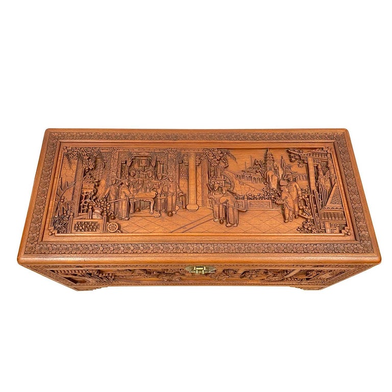 Early 20th Century Antique Chinese Carved Camphor Wooden Trunk, Hope