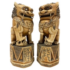 Early 20th Century Antique Chinese Carved Faux Ivory Foo Dogs, a Pair
