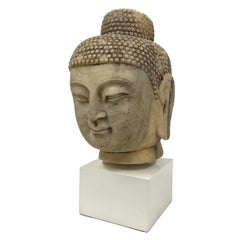Antique Chinese Carved Stone Buddha Head Sculpture, Circa 1900s, 16.5"