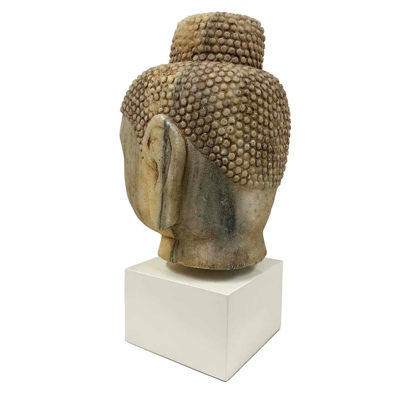 Hand-Crafted Early 20th Century Antique Chinese Carved Stone Buddha Head Sculpture For Sale