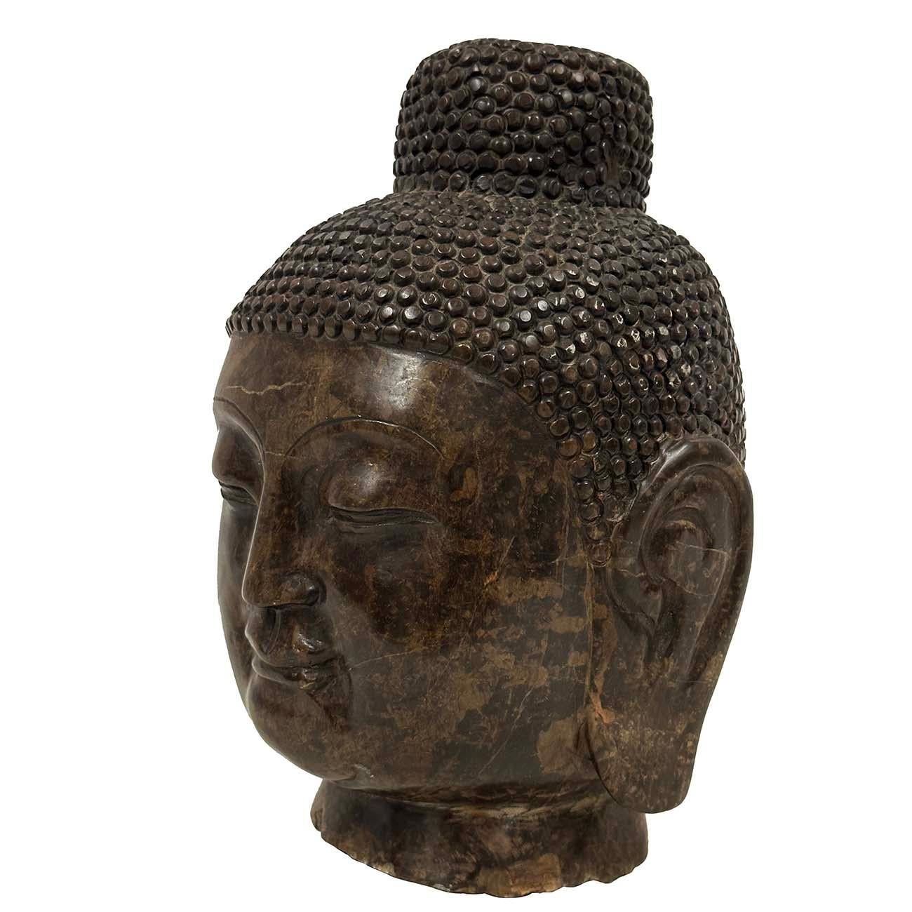 Early 20th Century Antique Chinese Carved Stone Buddha Head Sculpture In Good Condition For Sale In Pomona, CA