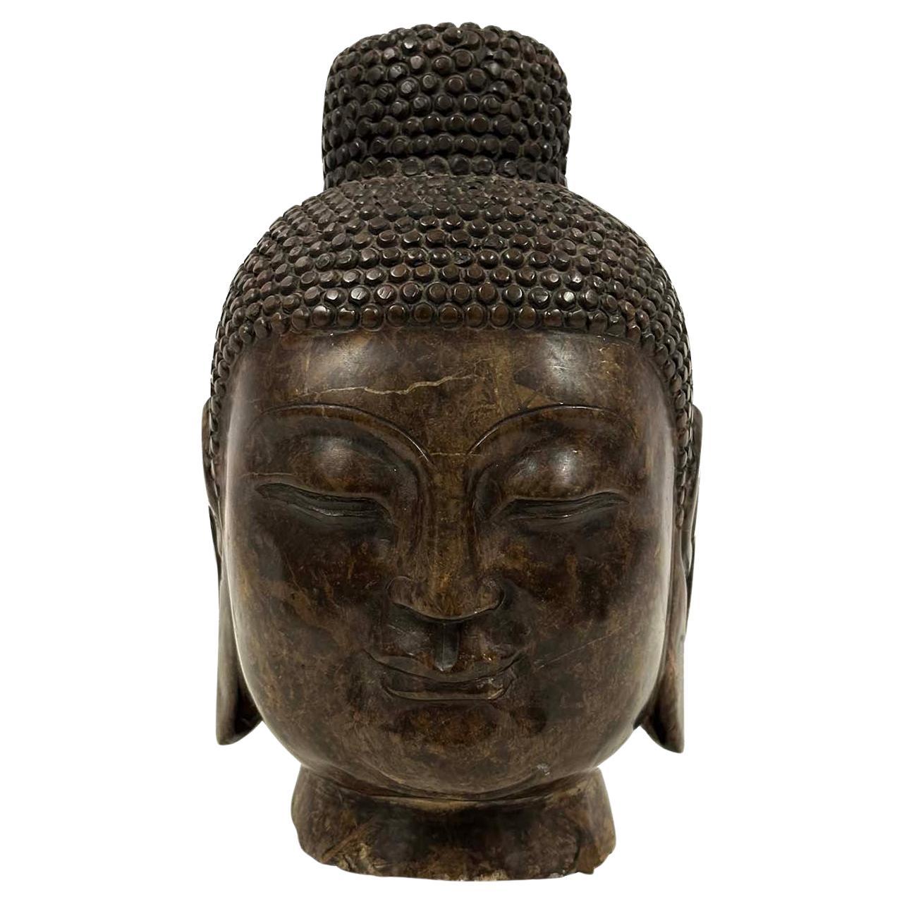 Early 20th Century Antique Chinese Carved Stone Buddha Head Sculpture For Sale
