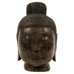 Early 20th Century Antique Chinese Carved Stone Buddha Head Sculpture