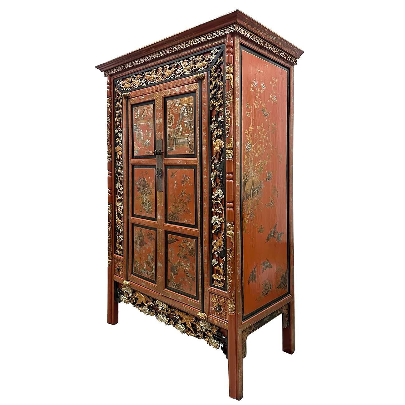 This beautiful Chinese Antique Wedding Armoire features detailed carving works of Kylin - a lucky pet that brings peace, longevity, and many children，on the top, Crane, Pine tree and Peony, phoenix - Pine and Crane prolong life, wealth and