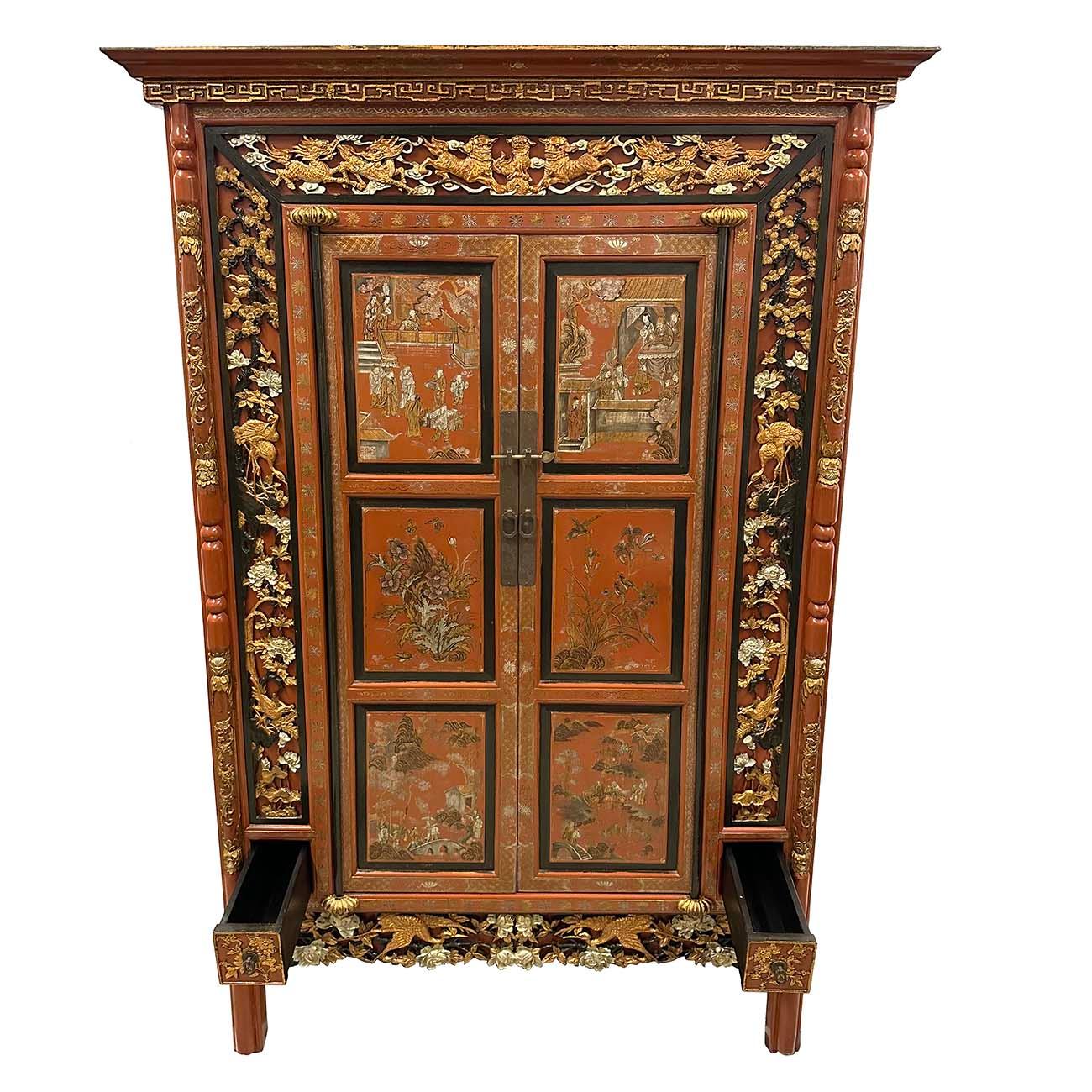 Hand-Carved Early 20th Century Antique Chinese Carved Wedding Armoire For Sale
