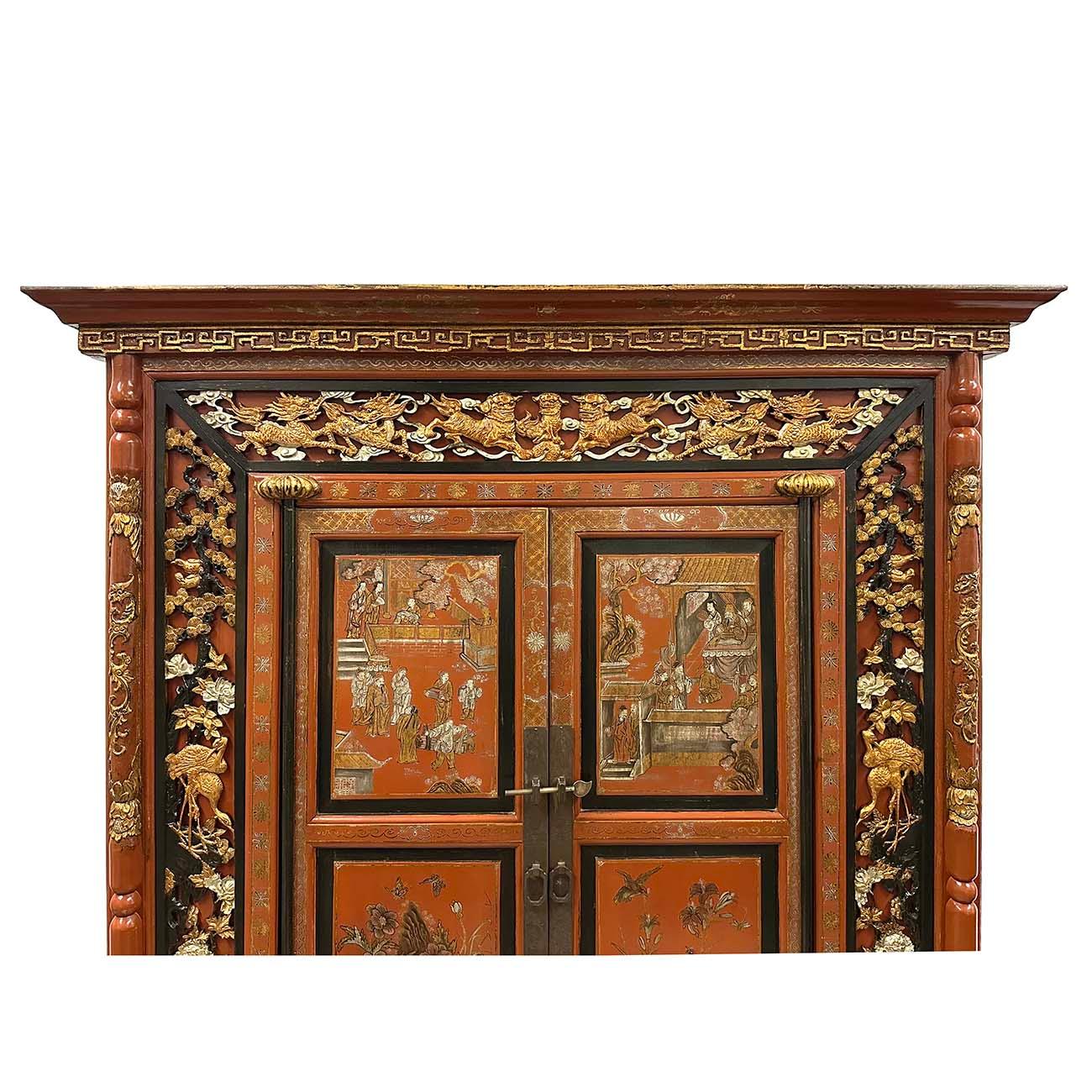 Early 20th Century Antique Chinese Carved Wedding Armoire In Good Condition For Sale In Pomona, CA