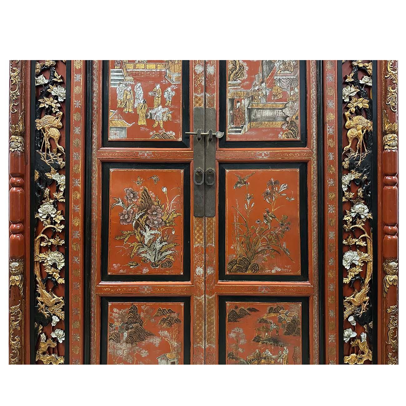 Wood Early 20th Century Antique Chinese Carved Wedding Armoire For Sale