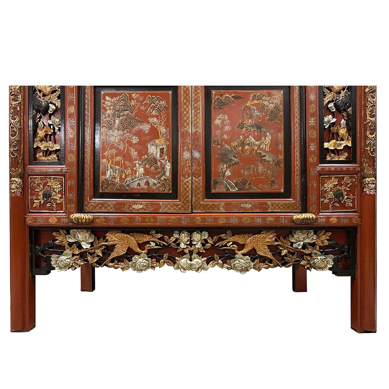 Early 20th Century Antique Chinese Carved Wedding Armoire For Sale 1