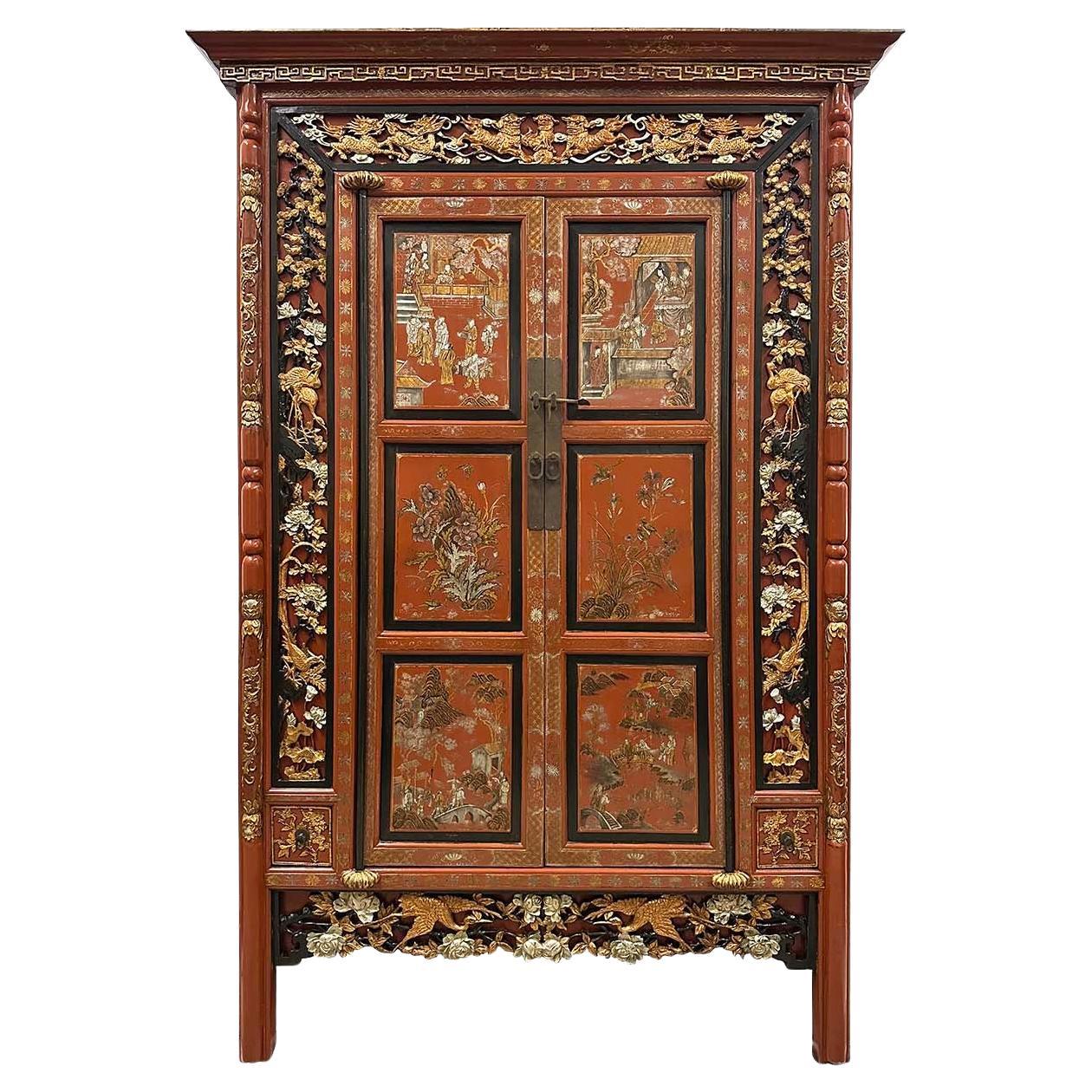 Early 20th Century Antique Chinese Carved Wedding Armoire