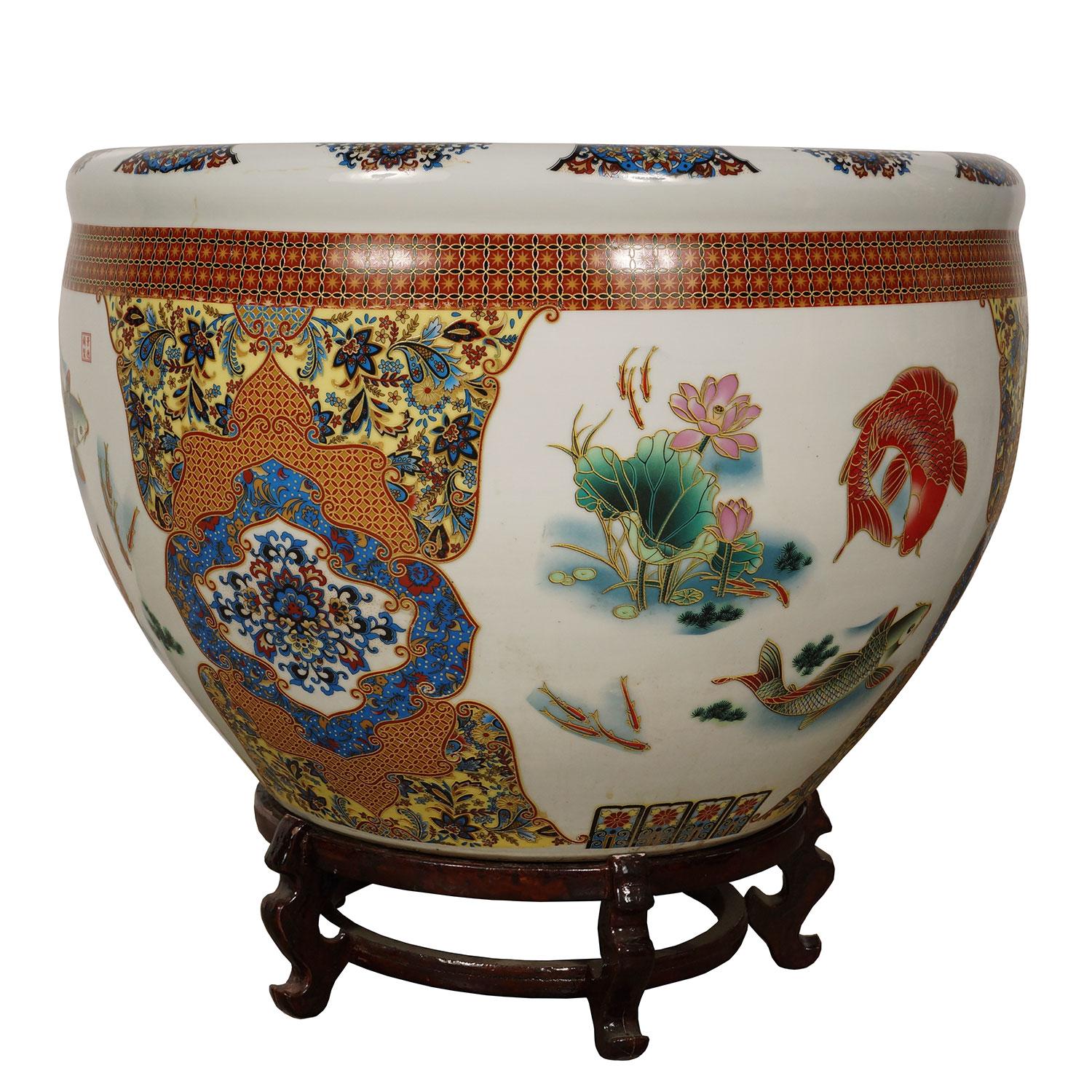 Porcelaine Bol à poisson, jardinière chinois ancien du début du 20e siècle en porcelaine Famille Rose en vente