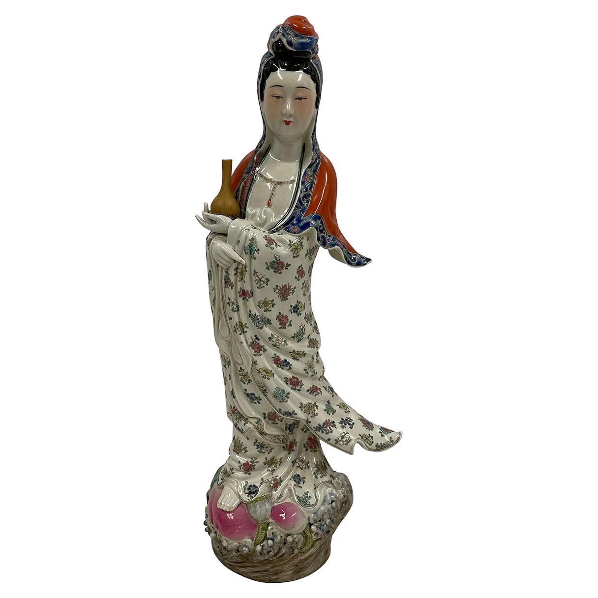 Early 20th Century Antique Chinese Famille-Rose Porcelain Kwan Yin Statuary For Sale