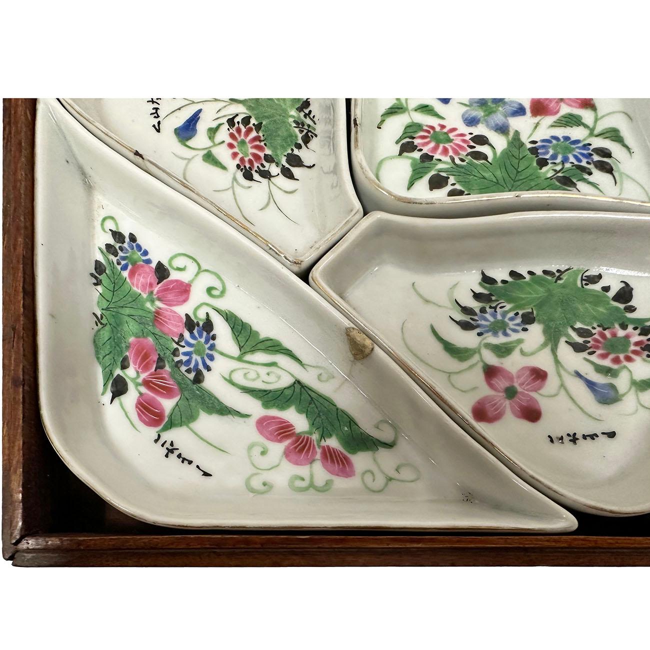 Ceramic Early 20th Century Antique Chinese Famille Rose Sweetmeat Dishes set with Wooden For Sale