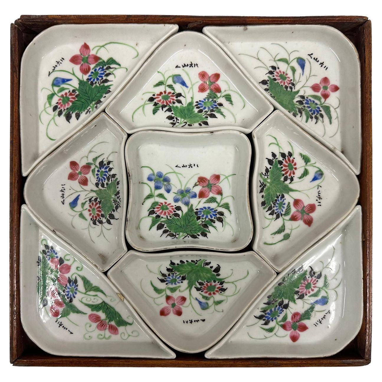 Early 20th Century Antique Chinese Famille Rose Sweetmeat Dishes set with Wooden