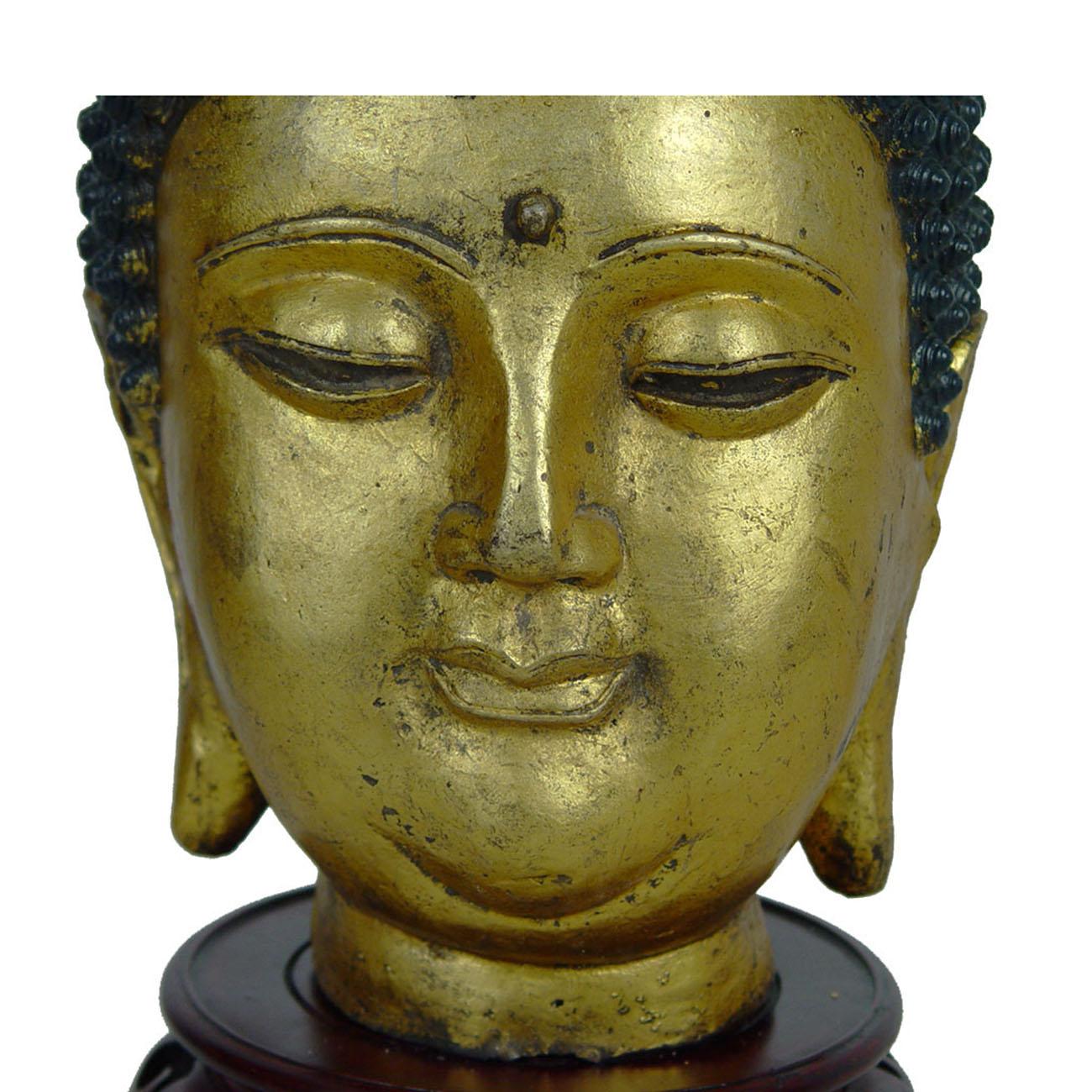 Early 20th Century Antique Chinese Gilt Metal Buddha Head In Good Condition In Pomona, CA
