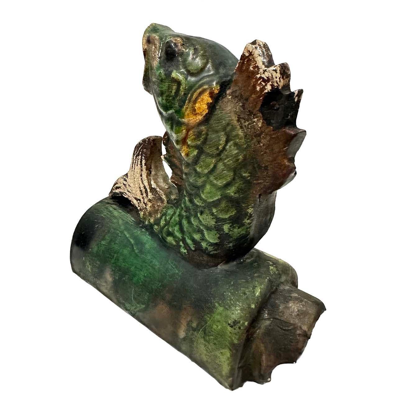 Chinese Export Early 20th Century Antique Chinese Glazed Ceramic Koi Fish Roof Tile