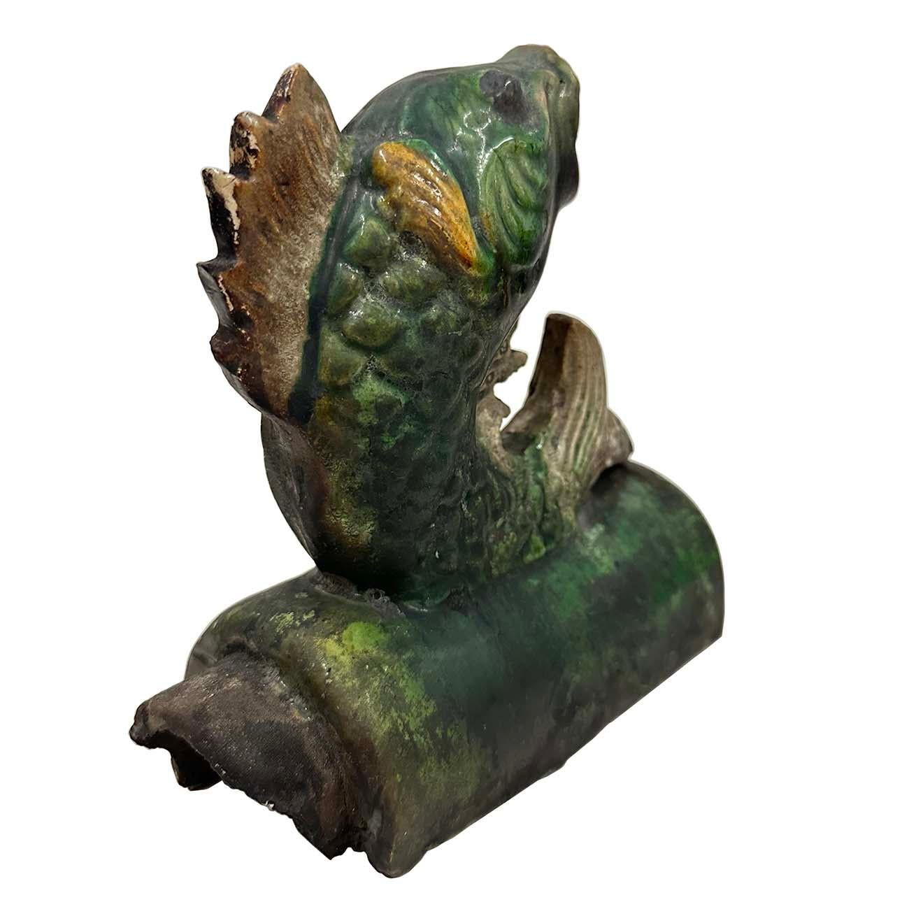 Early 20th Century Antique Chinese Glazed Ceramic Koi Fish Roof Tile In Good Condition In Pomona, CA