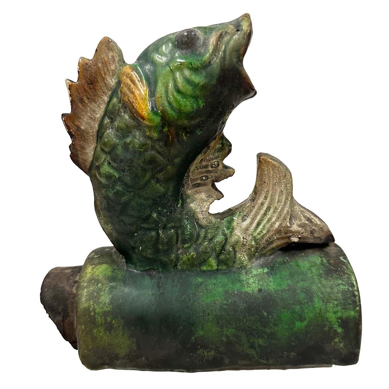 Early 20th Century Antique Chinese Glazed Ceramic Koi Fish Roof Tile 1