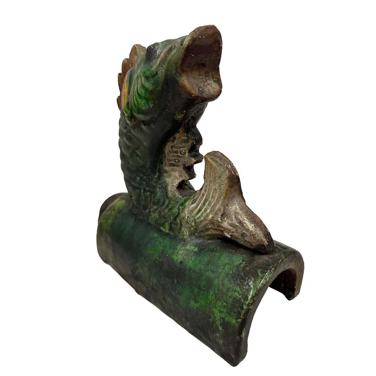 Early 20th Century Antique Chinese Glazed Ceramic Koi Fish Roof Tile 2