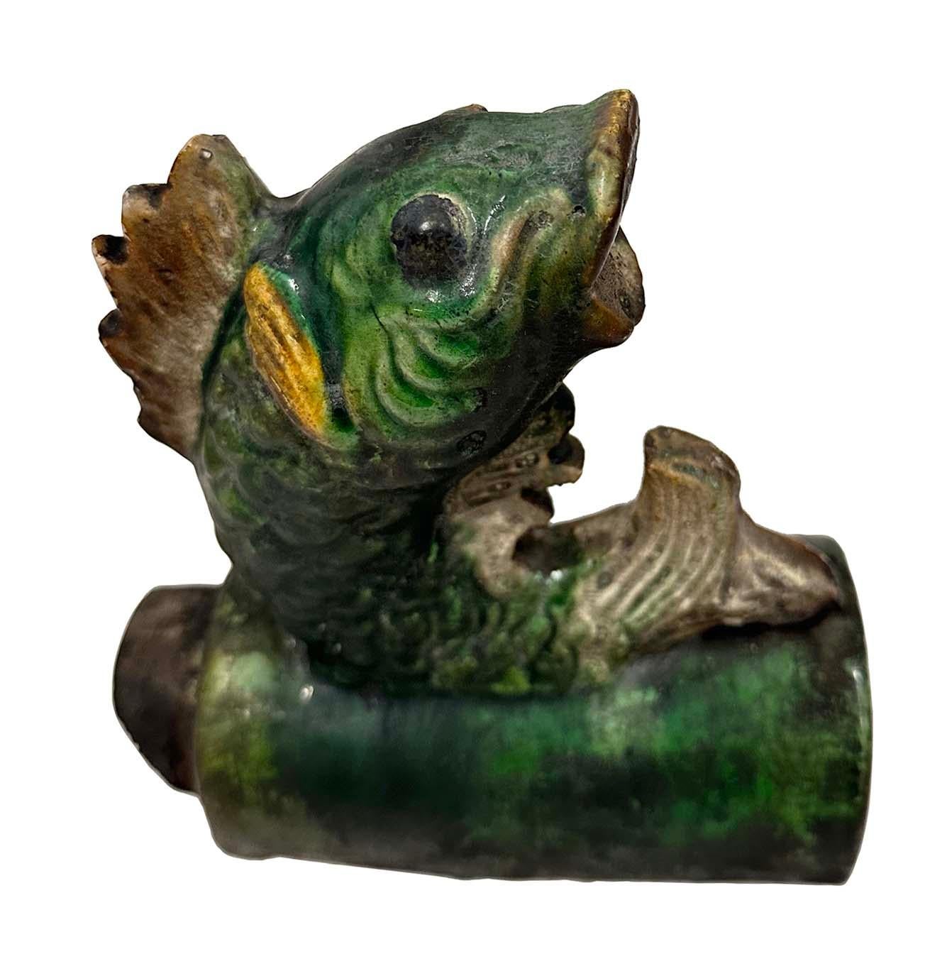 Early 20th Century Antique Chinese Glazed Ceramic Koi Fish Roof Tile 3