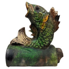 Early 20th Century Antique Chinese Glazed Ceramic Koi Fish Roof Tile