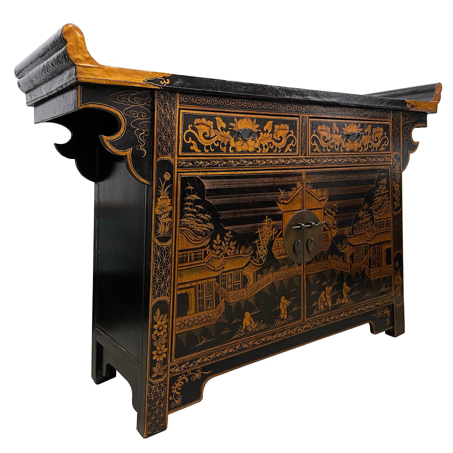 Size: 37.5in H x 59in W x 19in D
Drawer: 3.5in H x 15.5in W x 14in D
Door opening: 20.5in H x 33in W
Origin: China
Circa: 1900 - 1940
Material: Wood, lacquer painting
Condition: Original finished, solid wood construction, sturdy, normal age