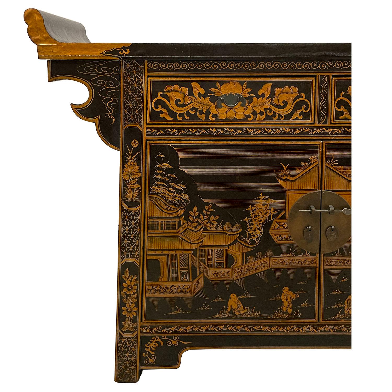 Chinese Export Early 20th Century Antique Chinese Lacquer Painted Altar Cabinet, Sideboard For Sale