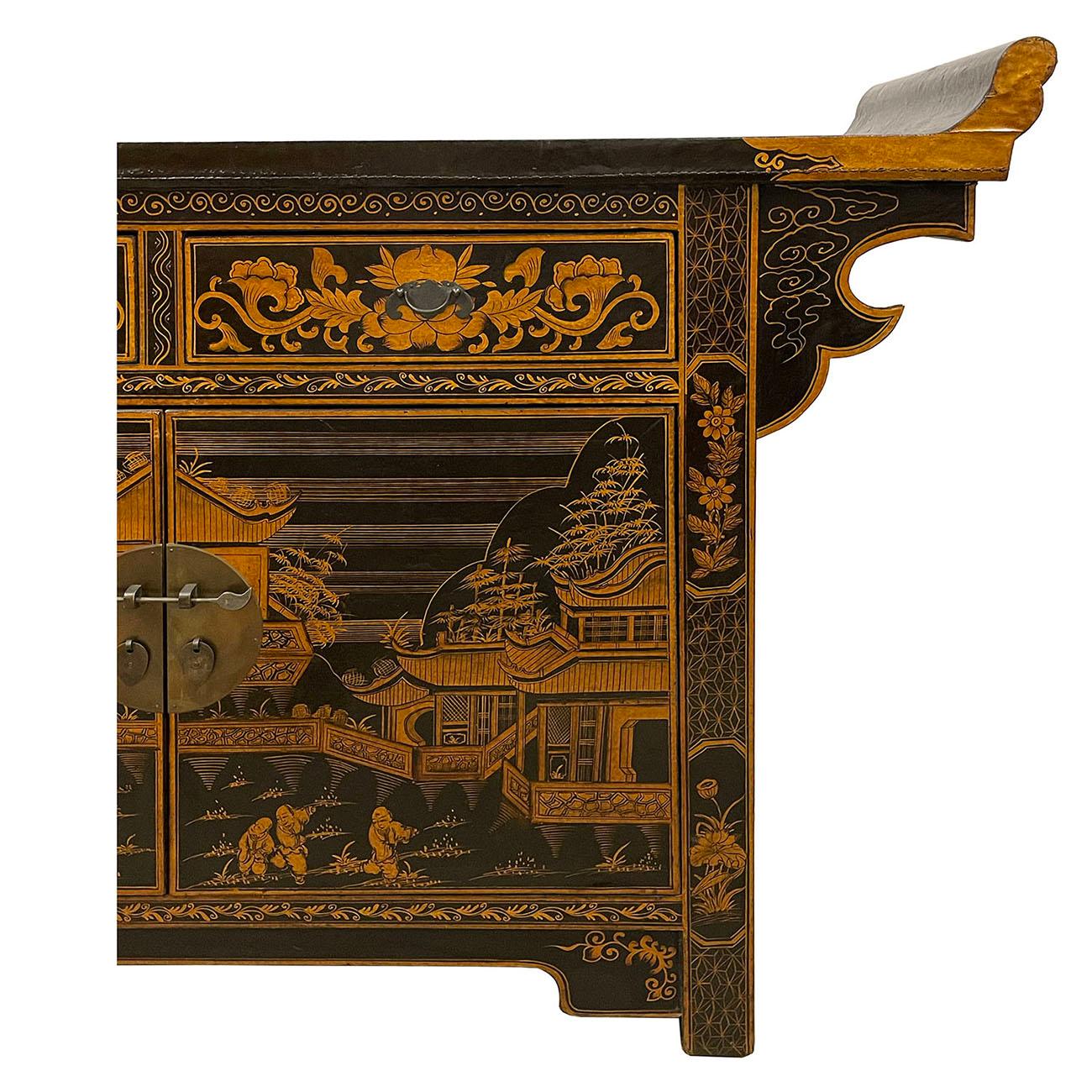 Lacquered Early 20th Century Antique Chinese Lacquer Painted Altar Cabinet, Sideboard For Sale