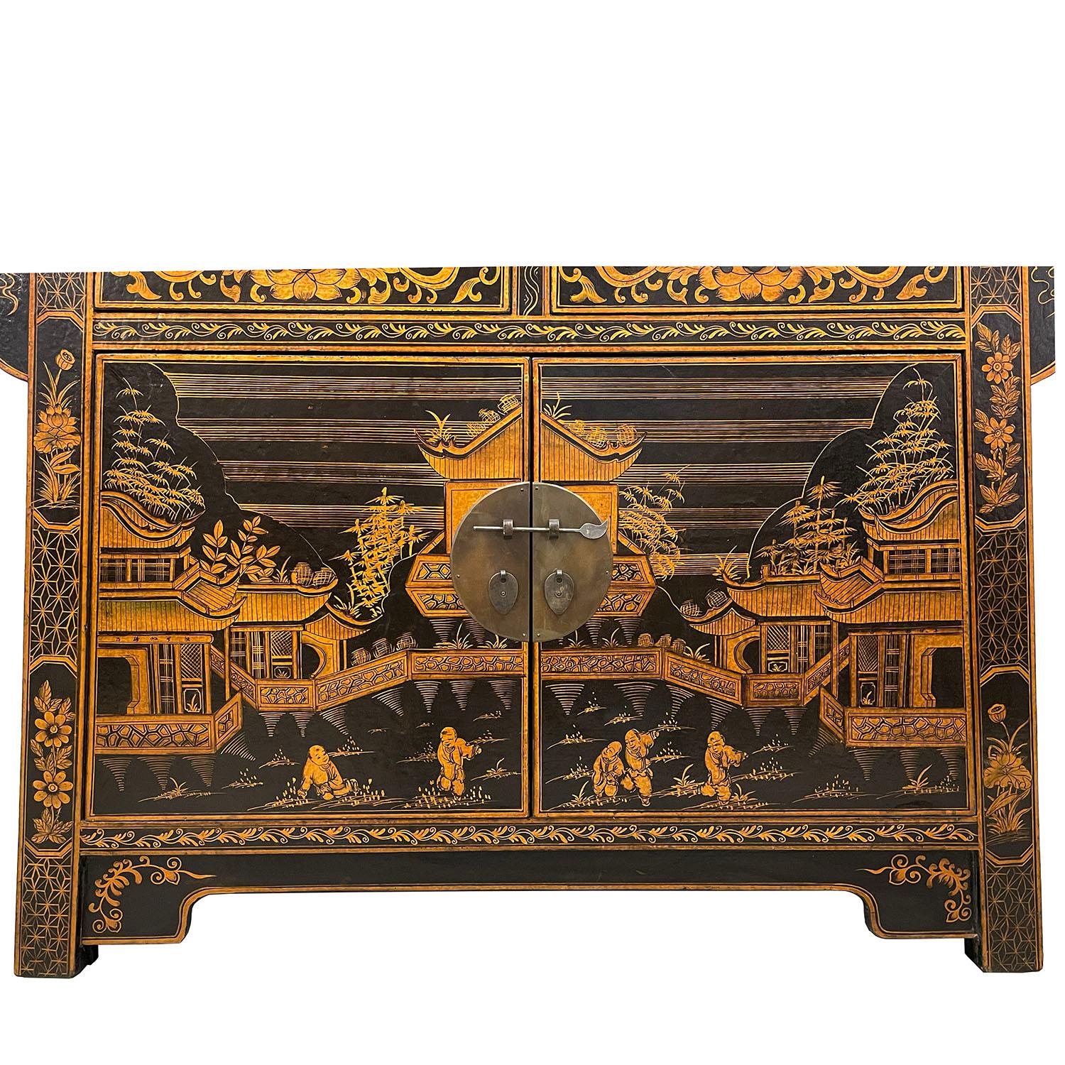 Lacquered Early 20th Century Antique Chinese Lacquer Painted Altar Cabinet, Sideboard For Sale